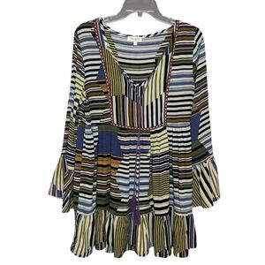 Velzera Abstract Stripe Boho Blouse V-Neck Ruffle Hem Small